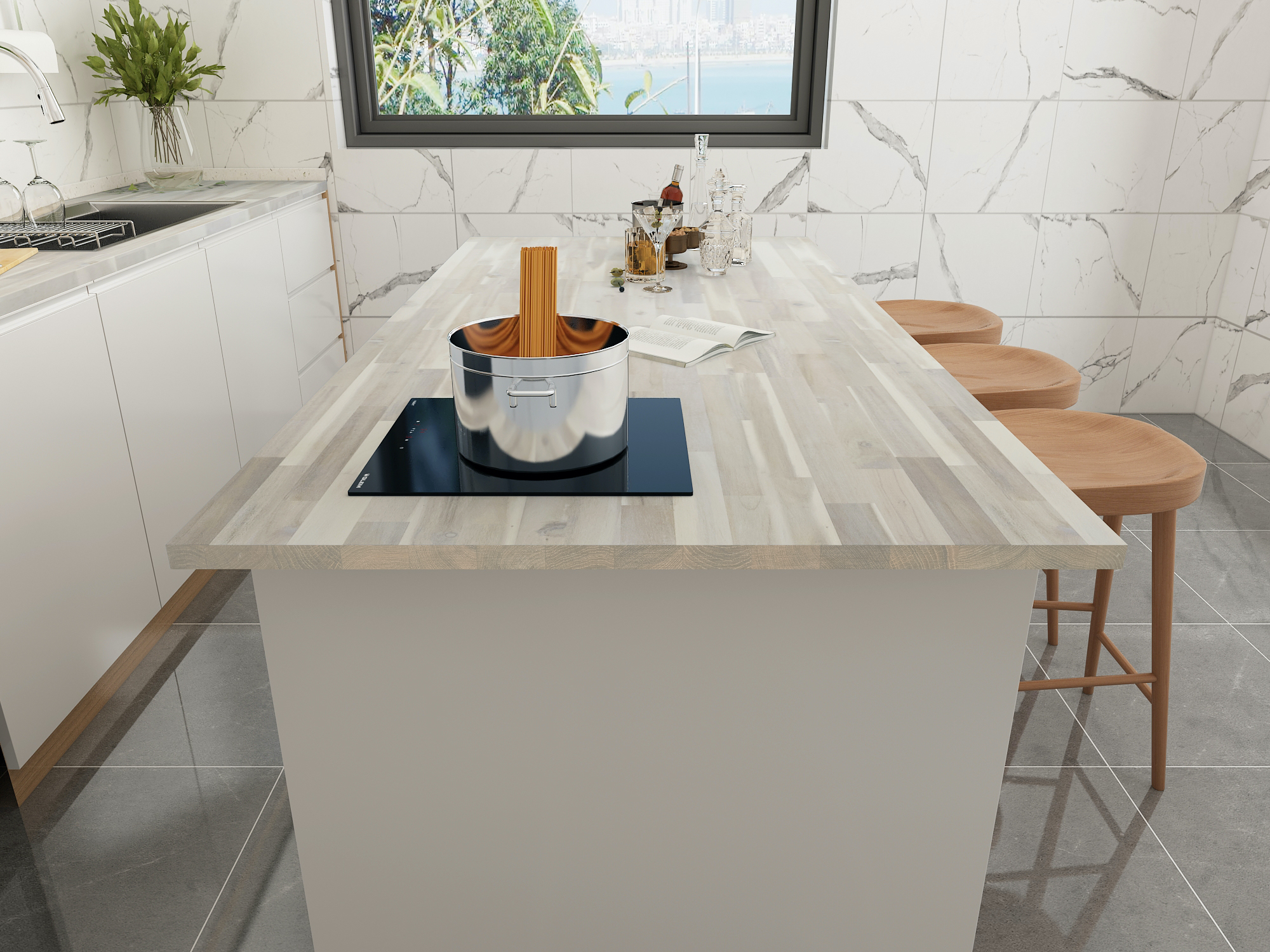 Solid acacia island countertop in a bright marble kitchen