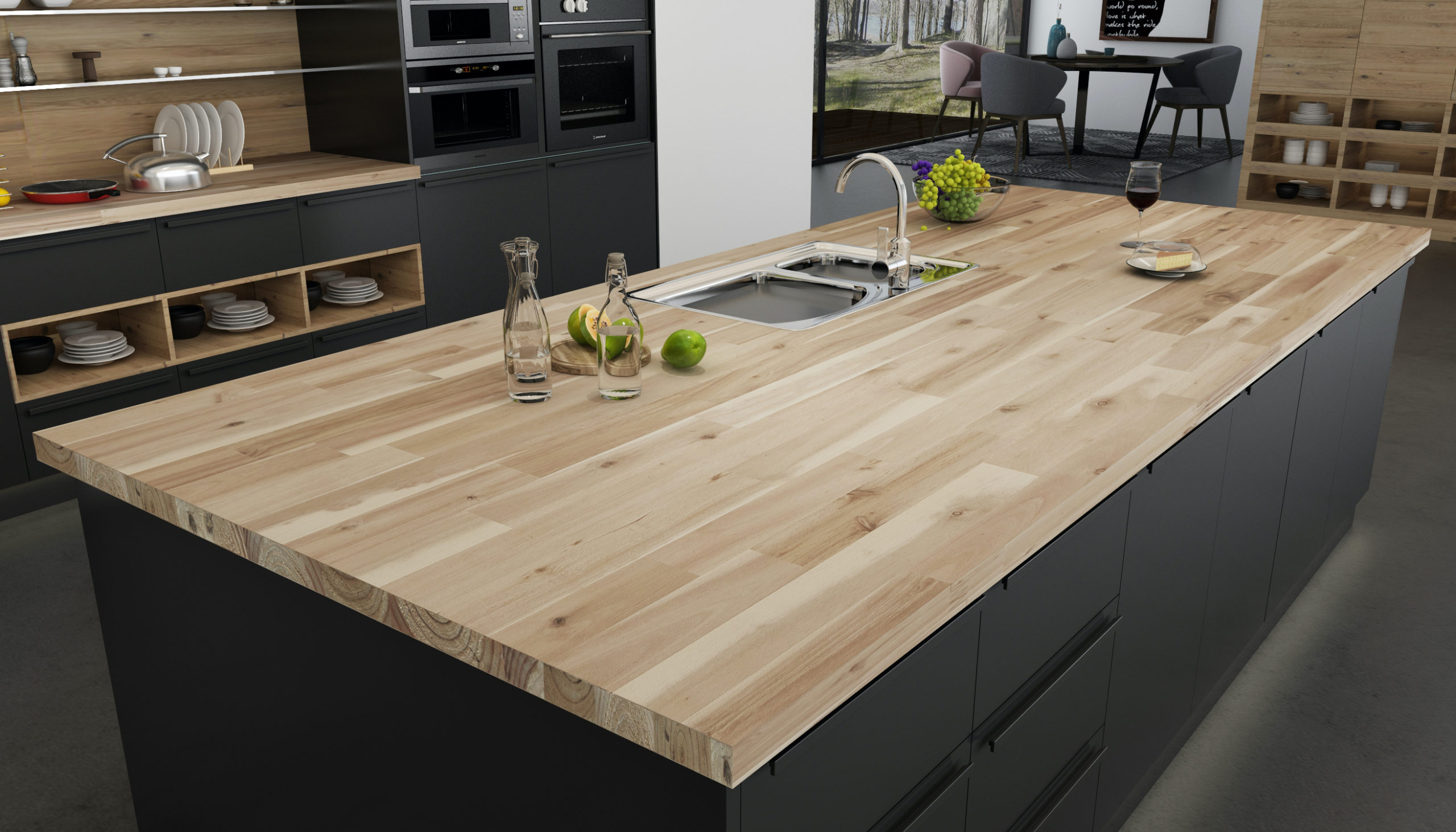 Solid acacia island countertop in a modern Ontario kitchen with matte-black cabinetry